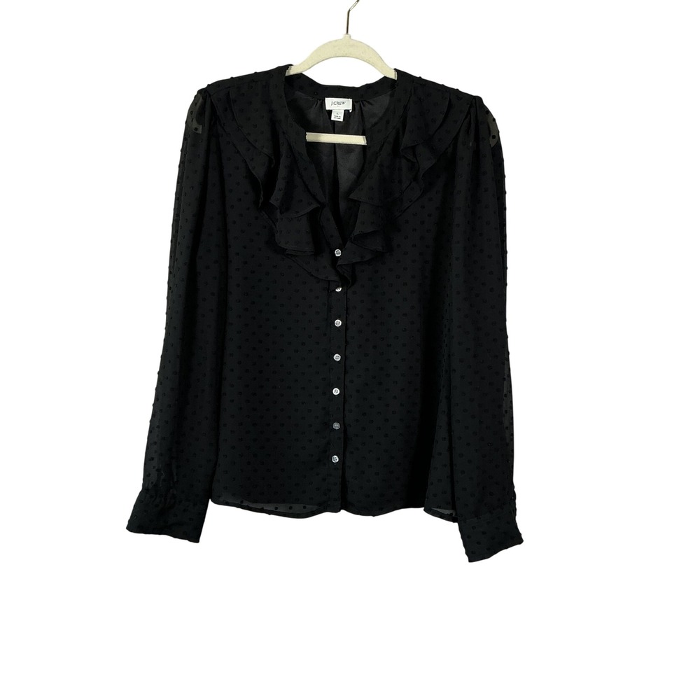 J.Crew Black Clip Dot Ruffle V-Neck Button Down Blouse Size L